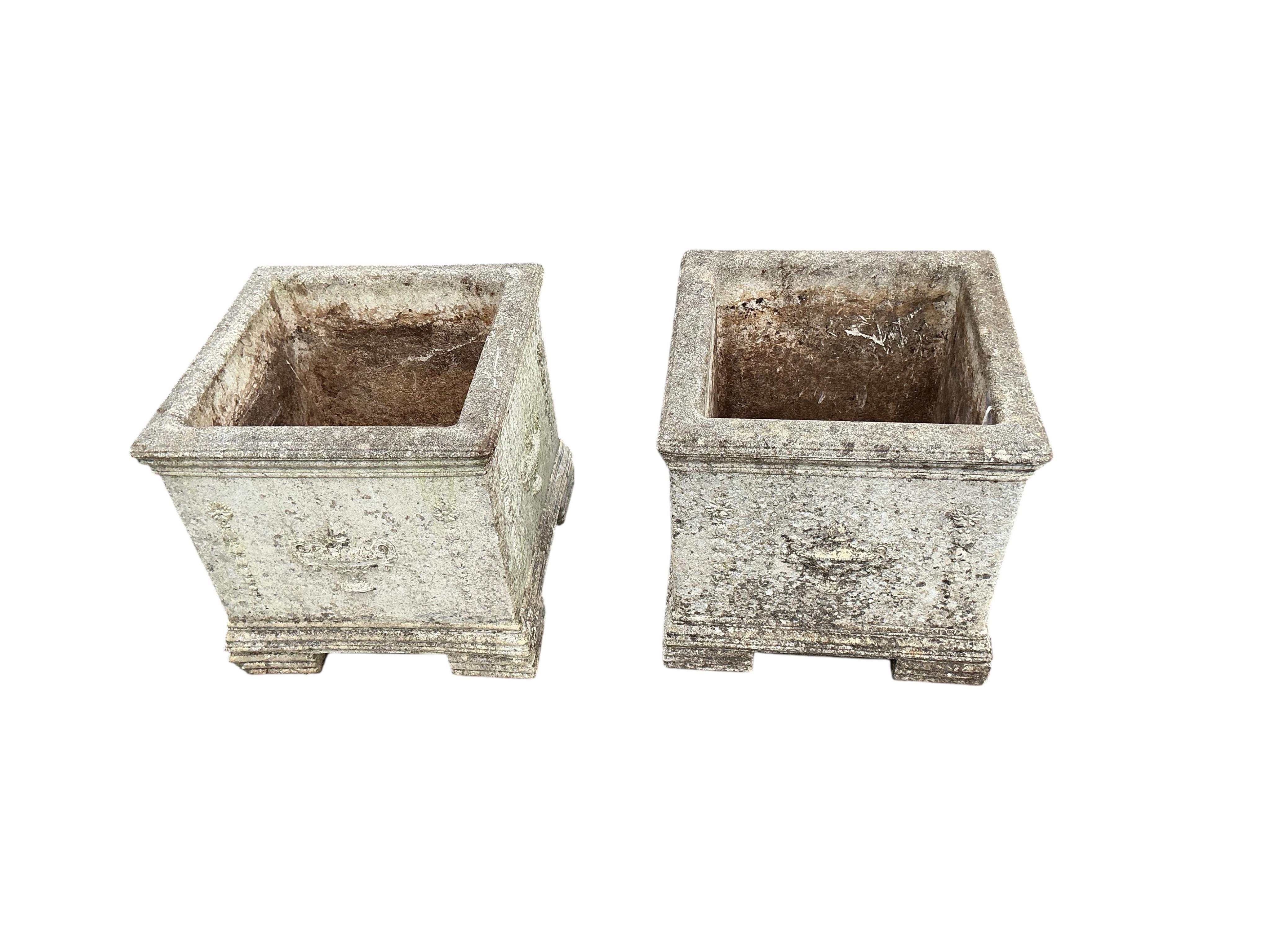 A pair of square reconstituted stone garden planters, 39cm, height 40cm